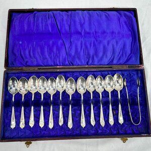 Vtg Set 12 Daniel & Son D & S G EP Electroplate Teaspoons Sugar Tongs Monogramed
